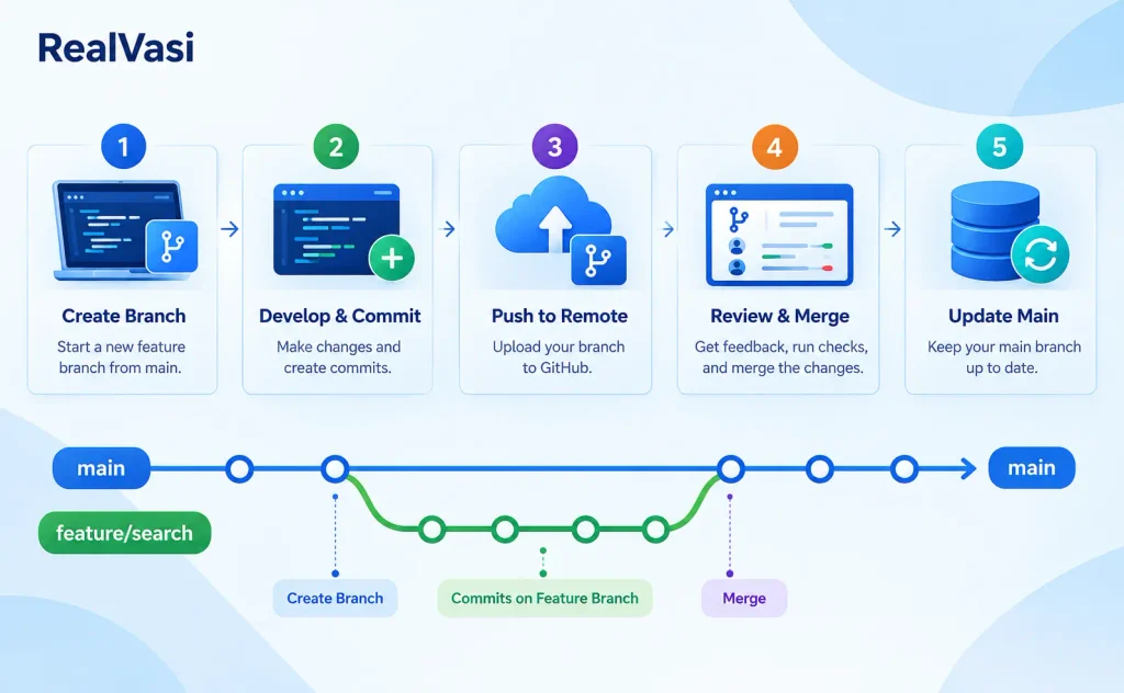 Git branching workflow from feature branch to merge