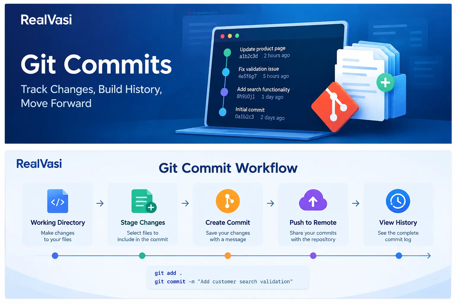 Git commits showing changes, project history, and commit workflow