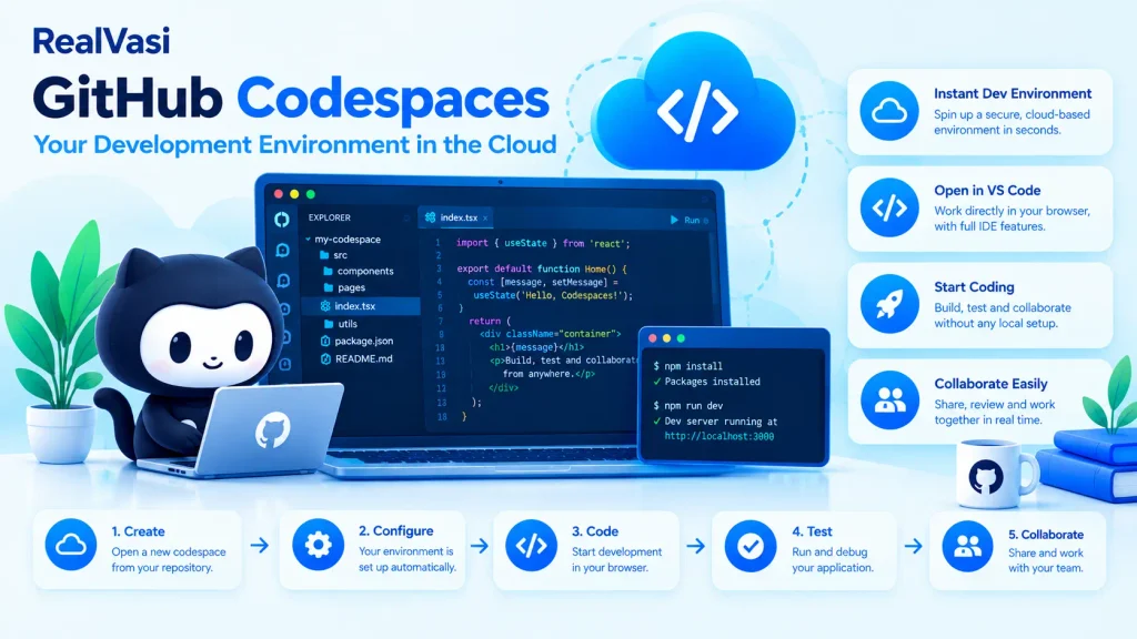 GitHub Codespaces — Development Environment Workflow GitHub Codespaces development environment workflow from setup to collaboration