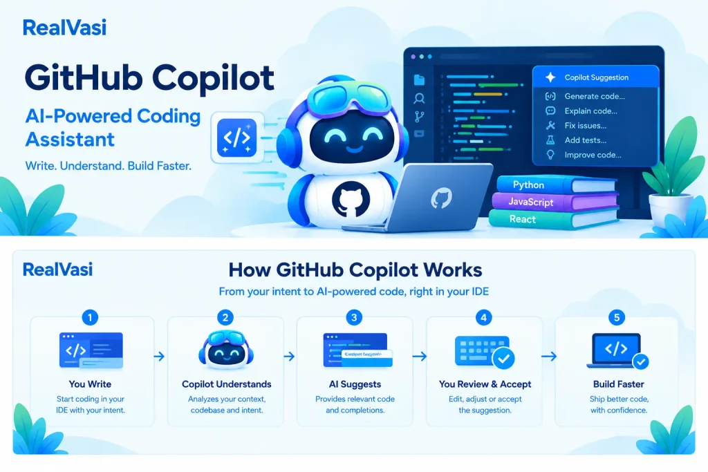 GitHub Copilot —AI-Assisted Development Workflow GitHub Copilot workflow from code suggestions to review, testing, and commit